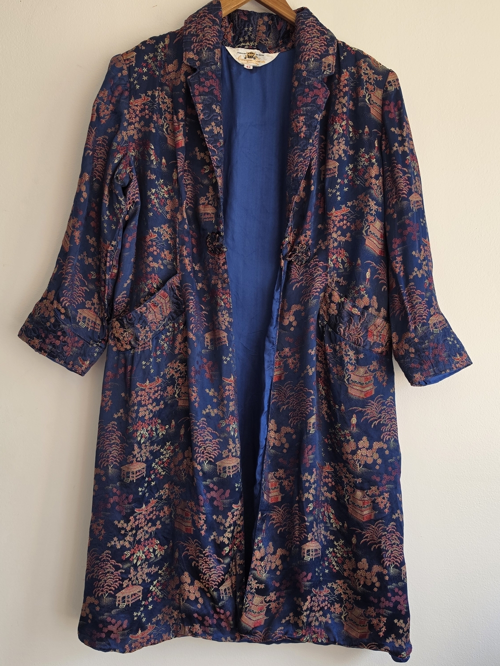 Vintage Carruagem Dourada Asian Kimono Jacket 42 Embroidered Brocade Blues
